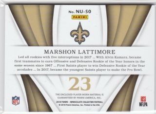 Marshon Lattimore Orleans Saints 2018 Immaculate NFL Number Jersey Patch /23 2