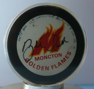 Brett Hull Ahl 1987 Moncton Golden Flames Signed Game Puck
