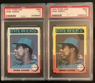 Two 1975 Topps Mini Hank Aaron 660 Psa 5 One Is Scarce " Pink & White " Version