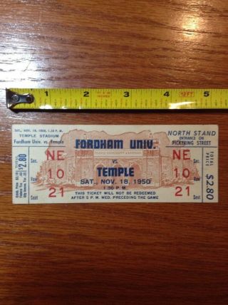 1950 Fordham University Vs Temple College Full Football Ticket Stub