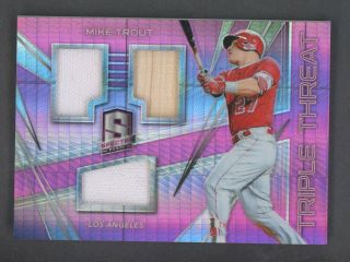 2018 Spectra Neon Pink Prizm Triple Threat Mike Trout Jersey Bat 34/49 Angels