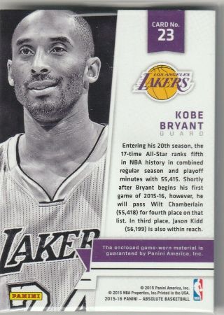 Kobe Bryant 15 - 16 Absolute Memorabilia Heroes Prime 3 Color Patch 10/25 Lakers 2