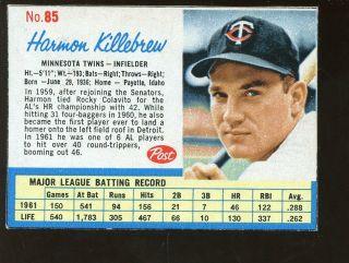 1962 Post Cereal Baseball Card 85 Harmon Killebrew Nrmt