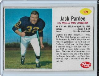 1962 Post 169 Jack Pardee Sp Vg - Ex Los Angeles Rams