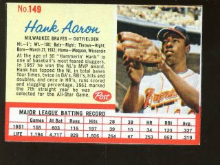 1962 Post Cereal Baseball Card 149 Hank Aaron Nrmt