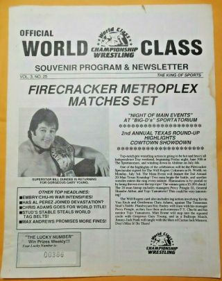 Vintage World Class Championship Wrestling Program Wccw Texas 1989 Bill Dundee
