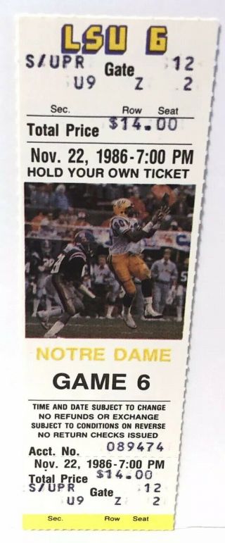 1986 Lsu Tigers Vs Notre Dame Football Game Vintage Full Ticket 11/22/86
