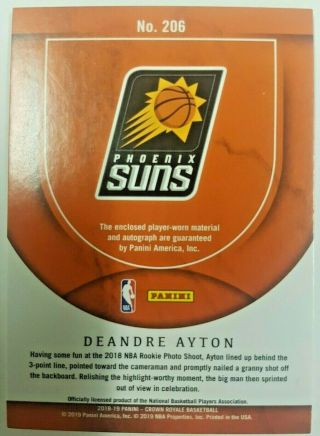 2018 - 19 CROWN ROYALE DEANDRE AYTON SILHOUETTES ROOKIE JERSEY AUTO 27/199 CARD RC 2