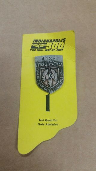 1984 Indianapolis/indy 500 Silver Pit Pass W/ Card Pontiac Fiero Pace Car