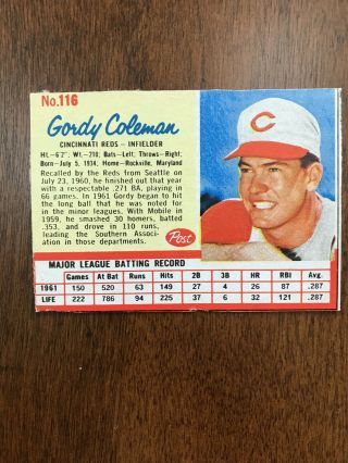 1962 Post Cereal 116 Gordy Coleman Cincinnati Reds Nr Ex