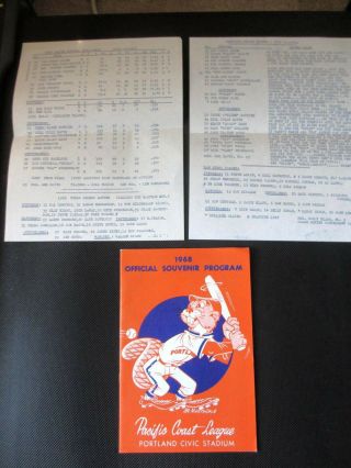 1968 Portland Beavers Vs Tulsa Oilers Pcl Baseball Program Pinella Fosse