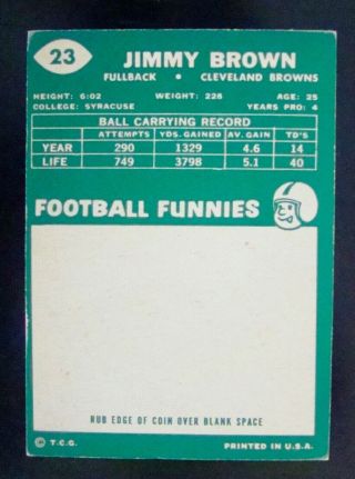 1960 Topps Football Card 23 - - - Jimmy Brown,  Fullback,  Cleveland Browns 2