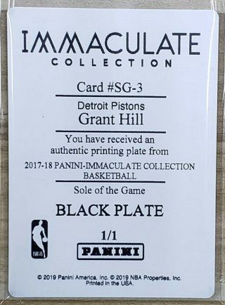 2018 - 19 National Treasures Grant Hill Immaculate Sole Black Printing Plate 1/1 2