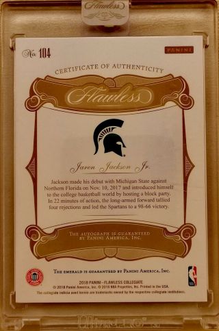 2018 - 19 Panini Flawless Collegiate Emerald Jaren Jackson Jr.  Rookie Auto 1/5 2