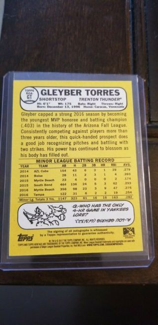 Gleyber Torres 2017 Topps Heritage Minors Real One Auto Blue Ink Yankees 2