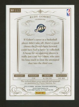 2013 - 14 National Treasures Gold Rudy Gobert Jazz RPA RC Patch AUTO 24/25 2