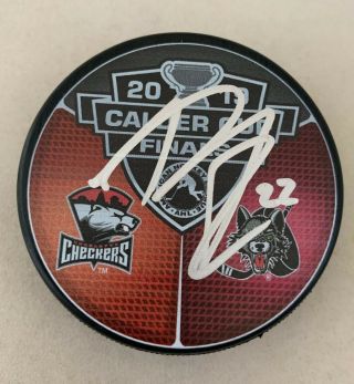 Andrew Poturalski Signed Charlotte Checkers 2019 Calder Cup Finals Dueling Puck