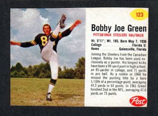 1962 Post Cereal Football 123 Bobby Joe Green Florida U.  Steelers Sp Vg - Ex A