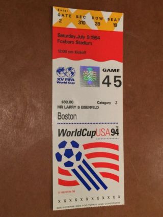 1994 World Cup Soccer Qtr Finals Italy Vs Spain 7/9/94 Foxboro,  Mass Ticket Stub