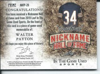 2019 Leaf ITG Sports WALTER PAYTON Nickname Hall of Fame Prime Patch 4/5 2