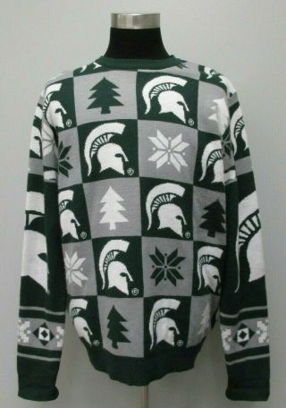 Michigan St State Spartans Knit Ugly Christmas Sweater Green White Gray Xl Msu