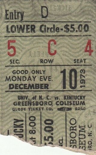 Dec 10 1973 Kentucky Vs.  North Carolina Tar Heels Basketball Game Ticket Stub