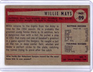 1954 Bowman 89 Willie Mays FR (trimmed) (HOF) Baseball Card 2