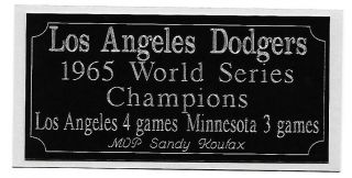 Los Angeles Dodgers 1965 World Series Champions Engraving,  Nameplate