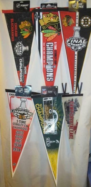 6 Felt Pennants: Blackhawk,  Packers & Camp Crystal Lake With Tags