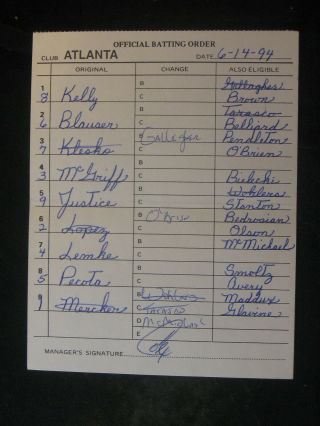 6/14/94 Bobby Cox Signed Atlanta Braves Game Lineup Umpire Card 024