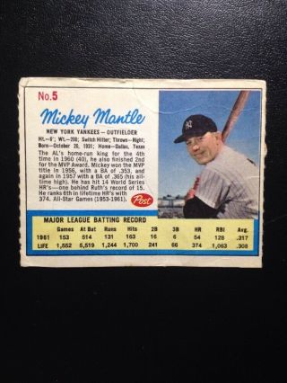 1962 Post Baseball 5 Mickey Mantle Ad Back