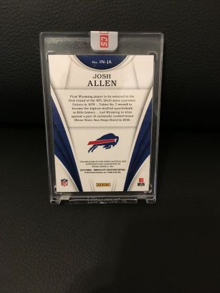 2018 IMMACULATE JOSH ALLEN ROOKIE NUMBERS 2 COLOR ON CARD AUTO PATCH SSP 9/17 5