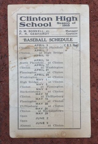 1915 Clinton High School Of Jersey Baseball Team Pocket Schedule Antique Old