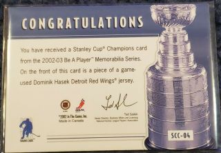 2002 - 03 BAP Memorabilia Series,  Stanley Cup Champs - Game Jersey,  Yzerman & Hasek 5