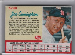 1962 Post Cereal 160 Joe Cunningham St.  Louis Cardinals 6157b