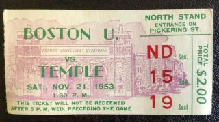 1953 Ticket Stub College Football Game 11/21/1953 Boston U Vs.  Temple