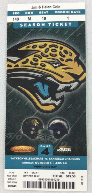 Nfl 2003 10/05 San Diego Chargers At Jacksonville Jaguars Ticket - Drew Brees