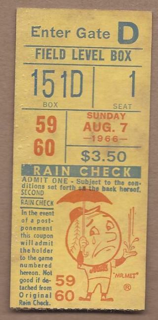 1966 8/7 Baseball Ticket St.  Louis Cardinals York Mets Gibson Win,  Brock Sb