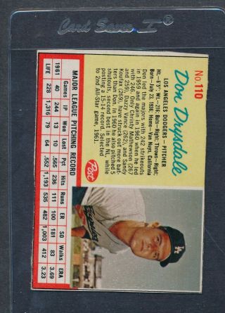 1962 Post Cereal 110 Don Drysdale Dodgers Ex/mt 1137