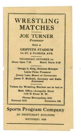 Joe Turner Wrestling Matches Program At Baseball Griffith Stadium Washington,  Dc