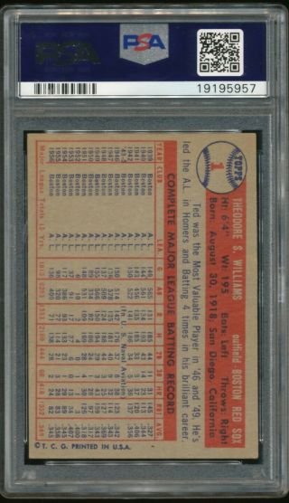 1957 Topps 1 Ted Williams PSA 6 EX - MT Red Sox HOF 2