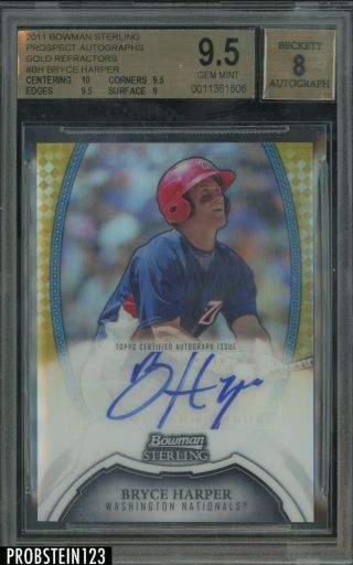 2011 Bowman Sterling Gold Refractor Bryce Harper Rc Rookie Auto 12/50 Bgs 9.  5