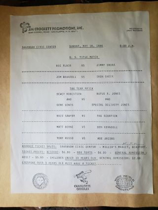 Vintage 1980 Www Wrestling Jim Crockett Promotions Line Up Program Event