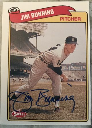 Jim Bunning Signed 1989 Swell Baseball Greats Card.  Tigers