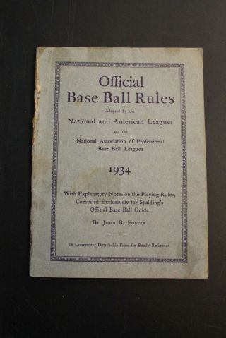 1934 Official Base Ball Rules National And American Leagues Gd/vg