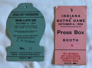 2 - Photographer/press Pass College Football Game Indiana Notre Dame 1956 1957
