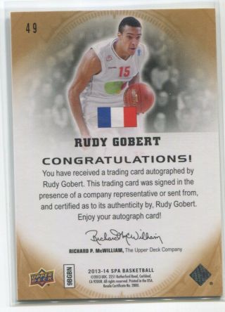 2013 - 14 Rudy Gobert SP Authentic AUTO ROOKIE Autograph Rc 49 Utah Jazz 2