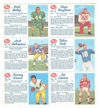 1962 Post Cereal Cfl Uncut Panel (6) Rote,  Grant,  Vaughan - Football