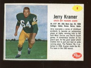 1962 Post Cereal Football Card 8 Jerry Kramer Green Bay Packers Sp Exmt,