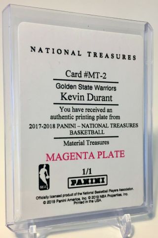 KEVIN DURANT Printing Plate Magenta 1 of 1 2017 - 18 National Treasures MT - 2 2